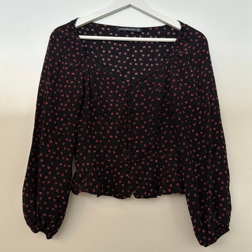 Abercrombie & Fitch Black Blouse with Red Floral Print